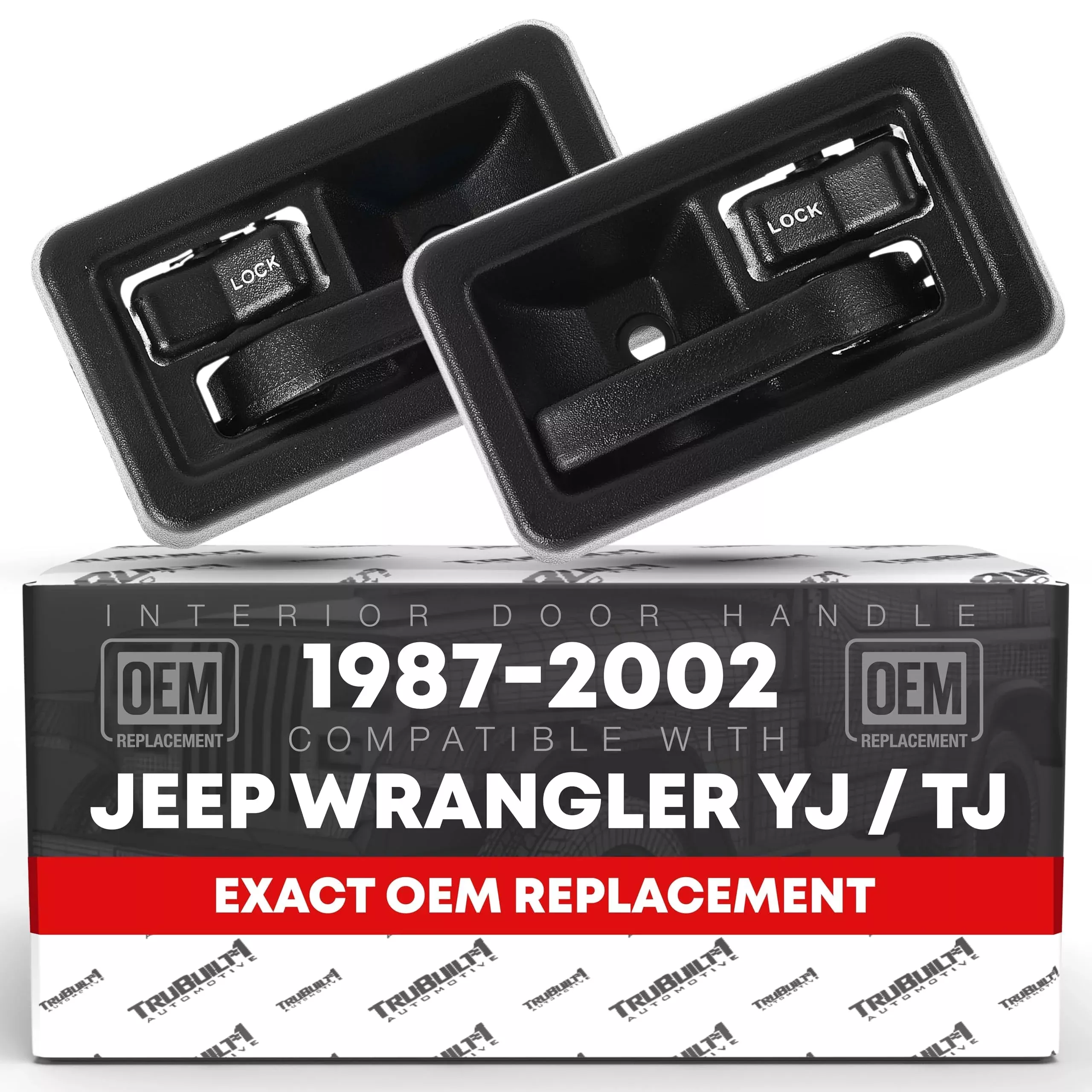 T1A Interior Front/Rear Driver and Passenger Door Handle - 2-pc Set - Compatible with 1984-2002 Jeep Wrangler - Textured Black, Plastic - OEM 55176476AB, 55176477AB, 55029578, 79541 - Driver + Passenger Door Handle
