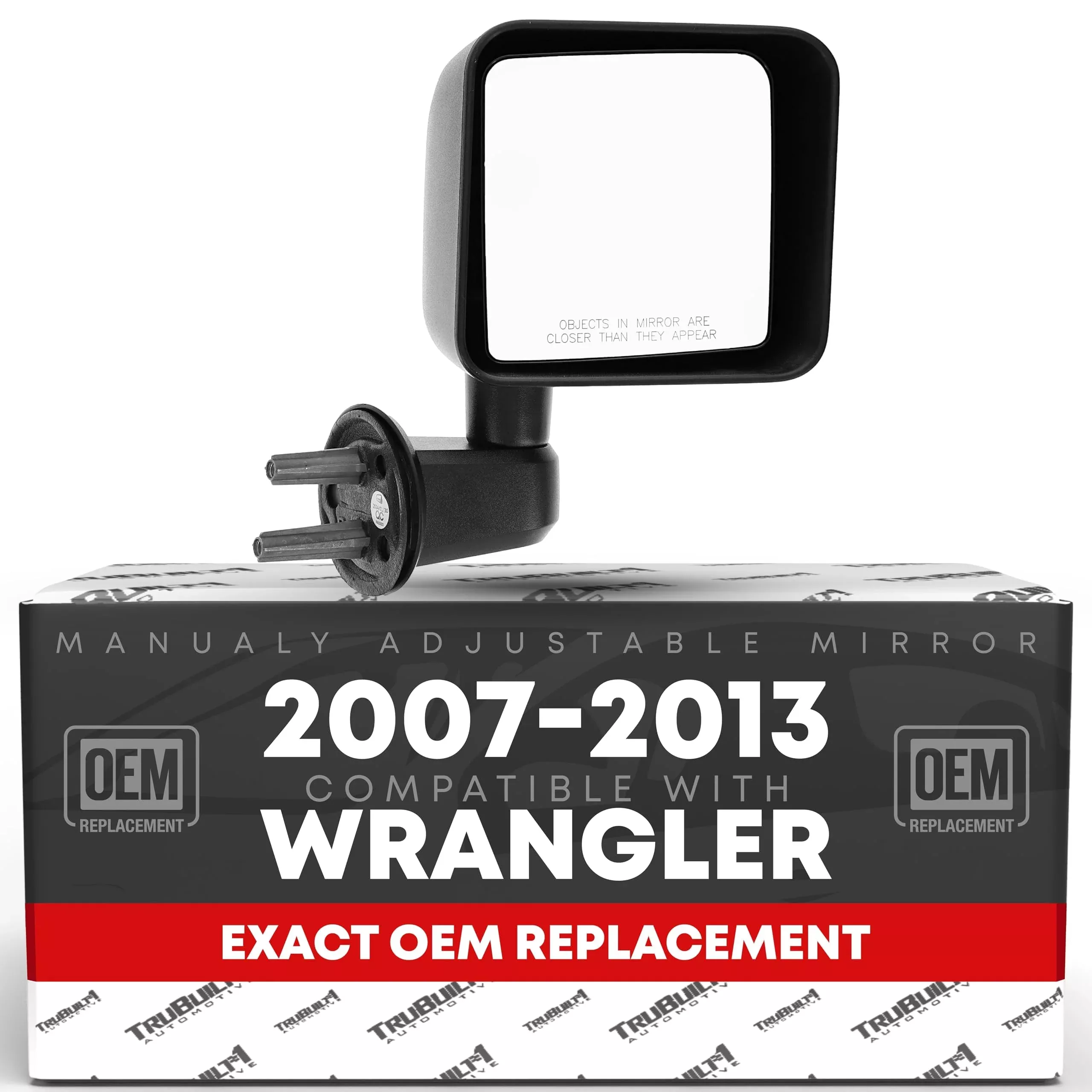 T1A Passenger Side Mirror - Compatible with 2007-2013 Jeep Wrangler - Manual Folding, Convex Glass with English Warning - Textured Black Cover - OEM 68081250AA, 55077966AB - Passenger Side Mirror