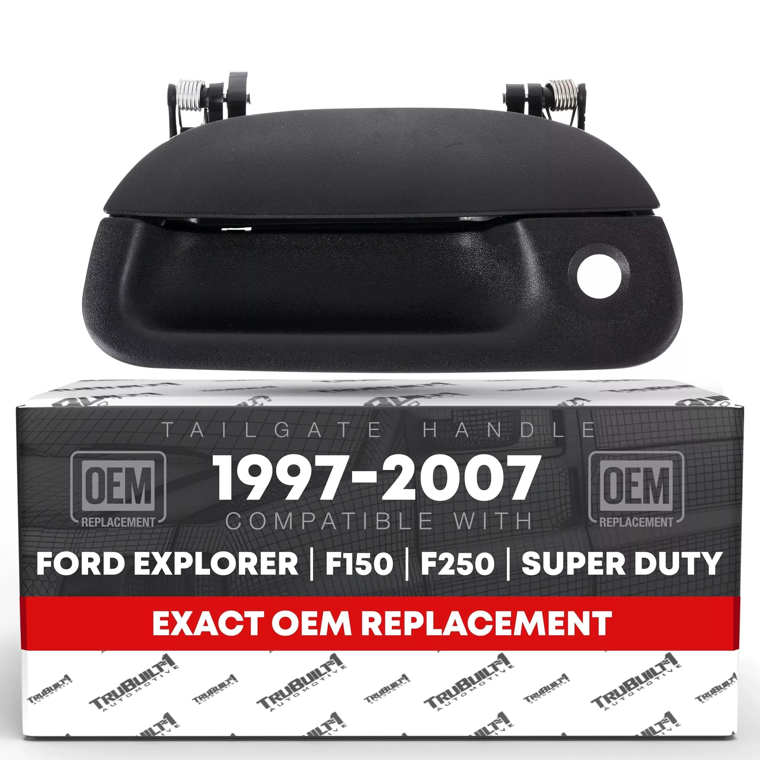 T1A Tailgate Handle Assembly Replacement - Compatible with 1997-2007 Ford F-250, F-350, F-450, F-550 Super Duty Models - Textured Black with Keyhole - OEM 7L3Z-9943400AA, XL3Z-9943400-AAA, 80238