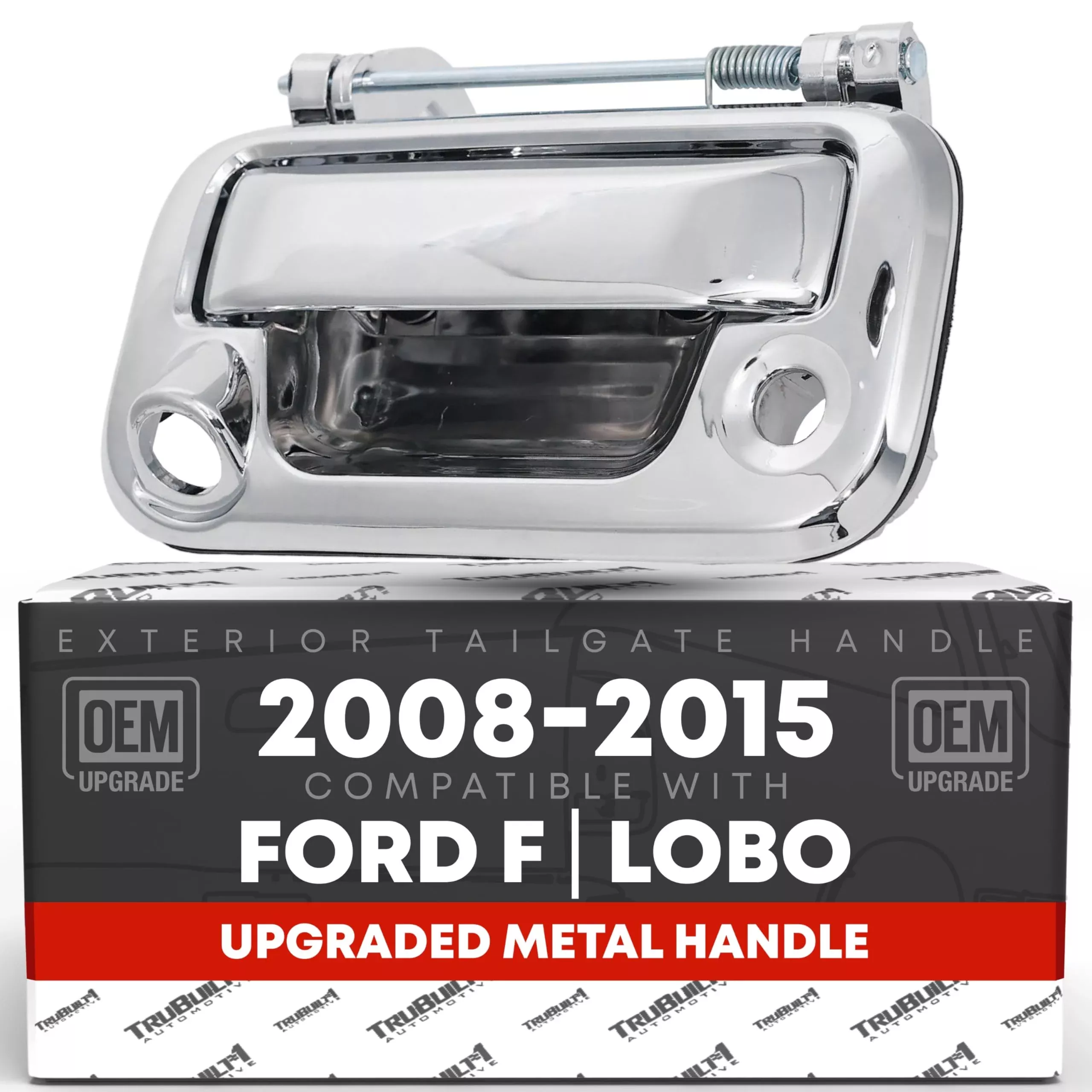 T1A Tailgate Handle Assembly, Upgraded Metal - Compatible with 2008-2015 Ford F-150 F-250 F-350 F-450 F-550, 08-15 Ford Lobo - All Chrome w/Keyhole, Camera Hole - OEM 8L3Z-9943400-ACHMT, 91077