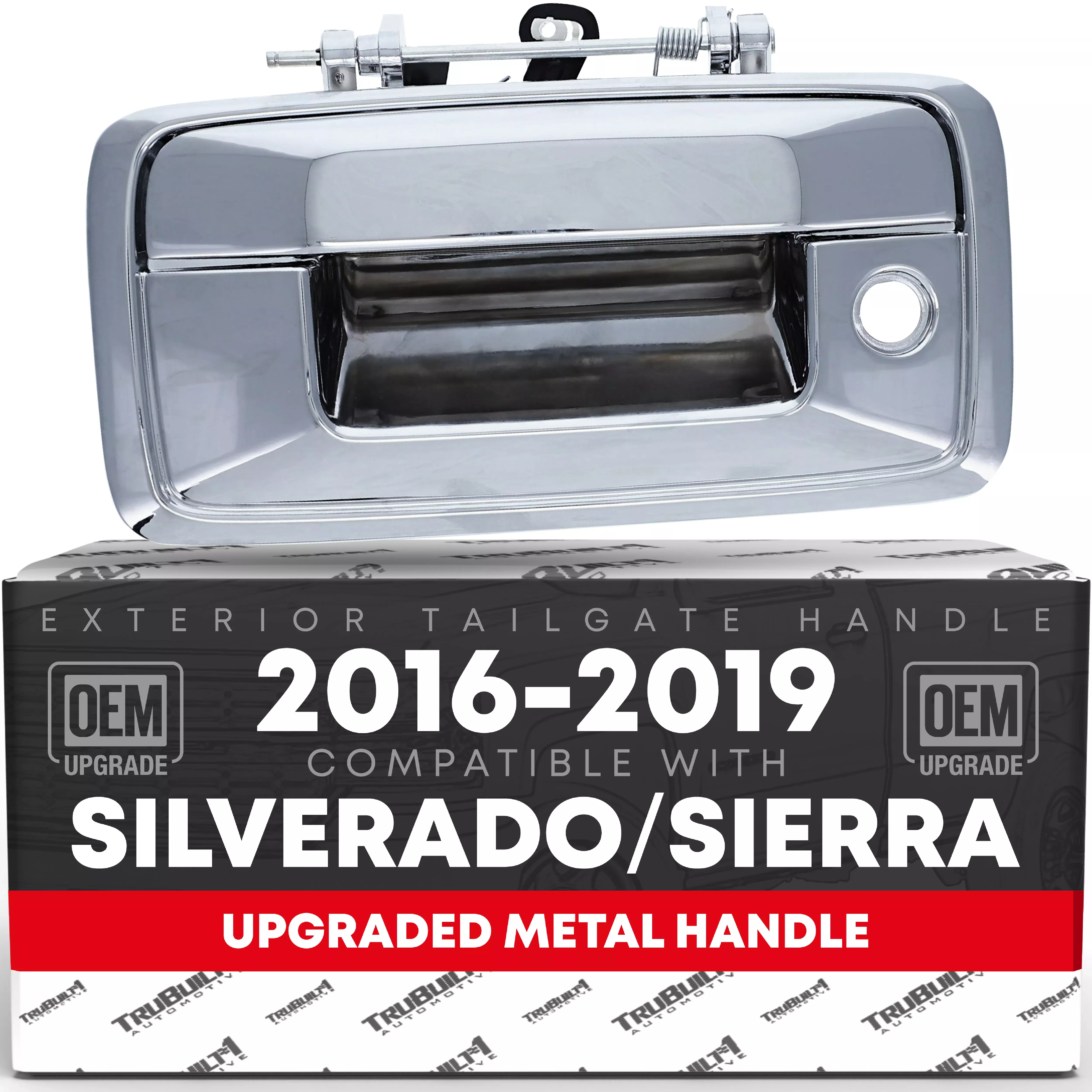 T1A Tailgate Handle Assembly, Upgraded Metal Compatible with 2016-2019 Chevrolet Silverado, GMC Sierra - Liftgate Latch Handle Replacement - Chrome, w/Camera Hole - OEM 23448681, 23487215, 84016231 - Chrome Metal Tailgate
