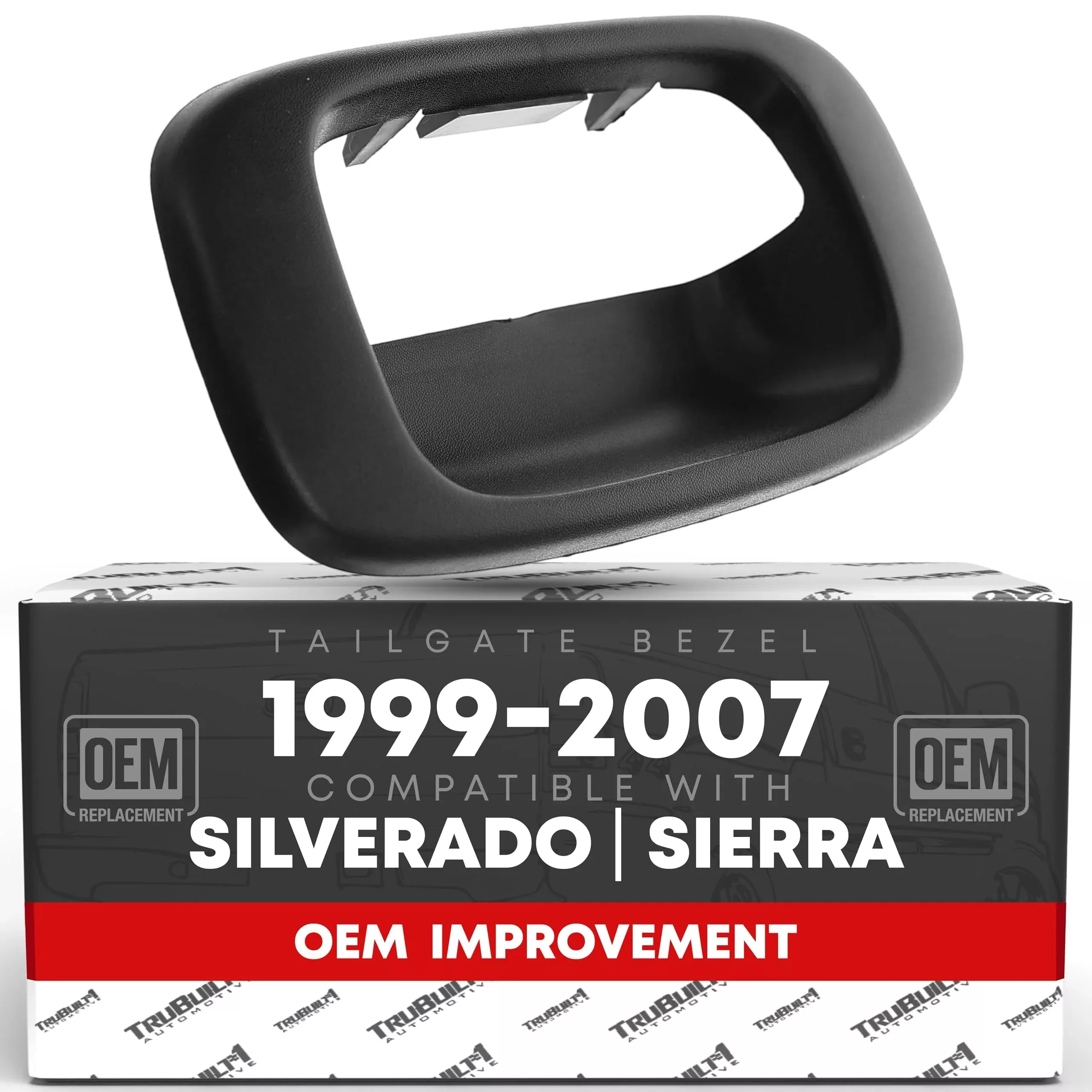 T1A Tailgate Handle Bezel w/Metal Clip - Compatible with 1999-2006 Chevrolet Silverado 1500 2500 3500; 99-06 GMC Sierra 1500 2500 3500 HD Classic - Textured Black - OEM 15228539, 76106, GM1916102 - Improved Bezel - Metal Clip