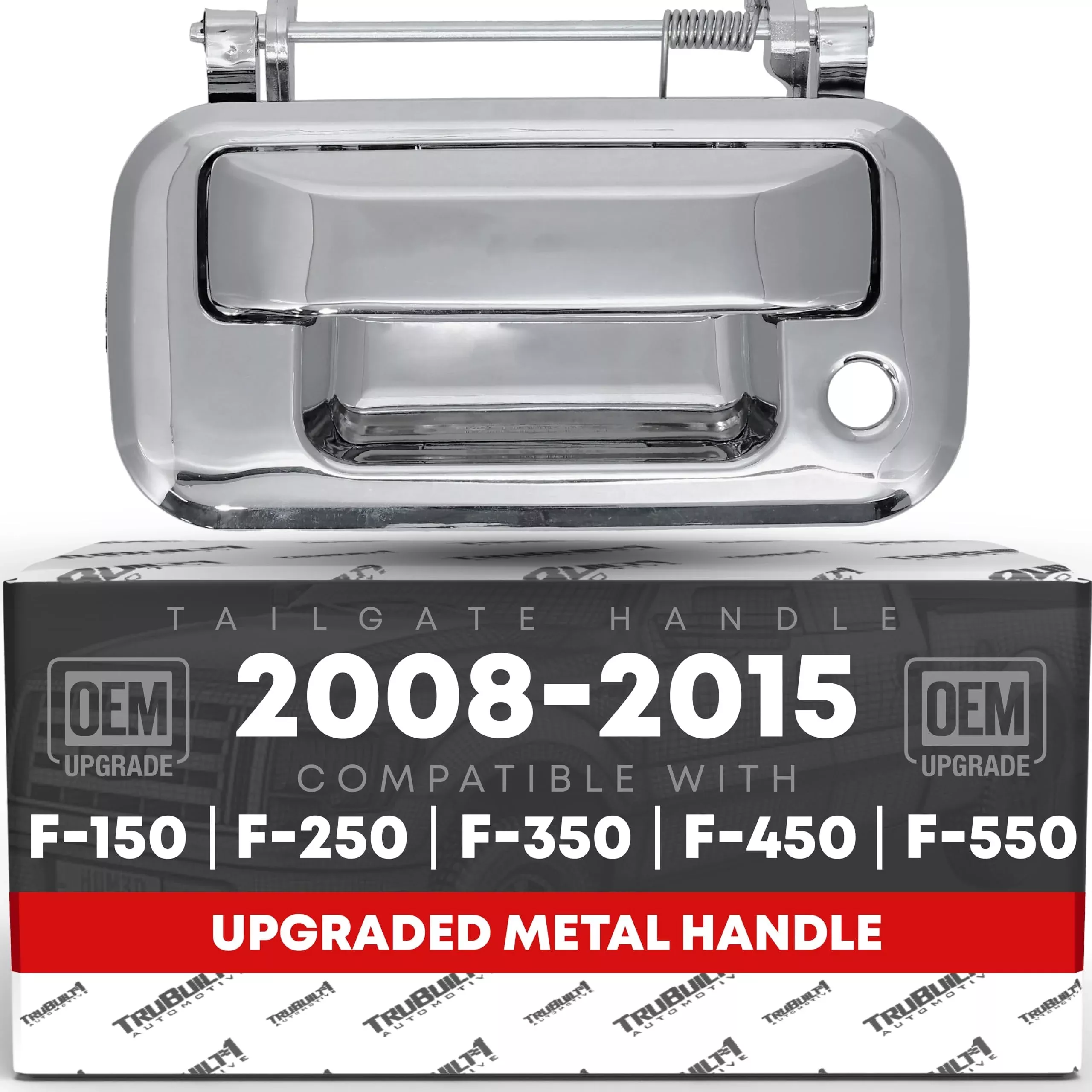 T1A Tailgate Handle Latch, Upgraded Metal - Compatible with 2008-2015 Ford F-150, F-250, F-350, F-450, F-550 Super Duty, 08-15 Ford Lobo - All Chrome w/Keyhole - OEM 8L3Z-9943400-ACHMT, 91077M