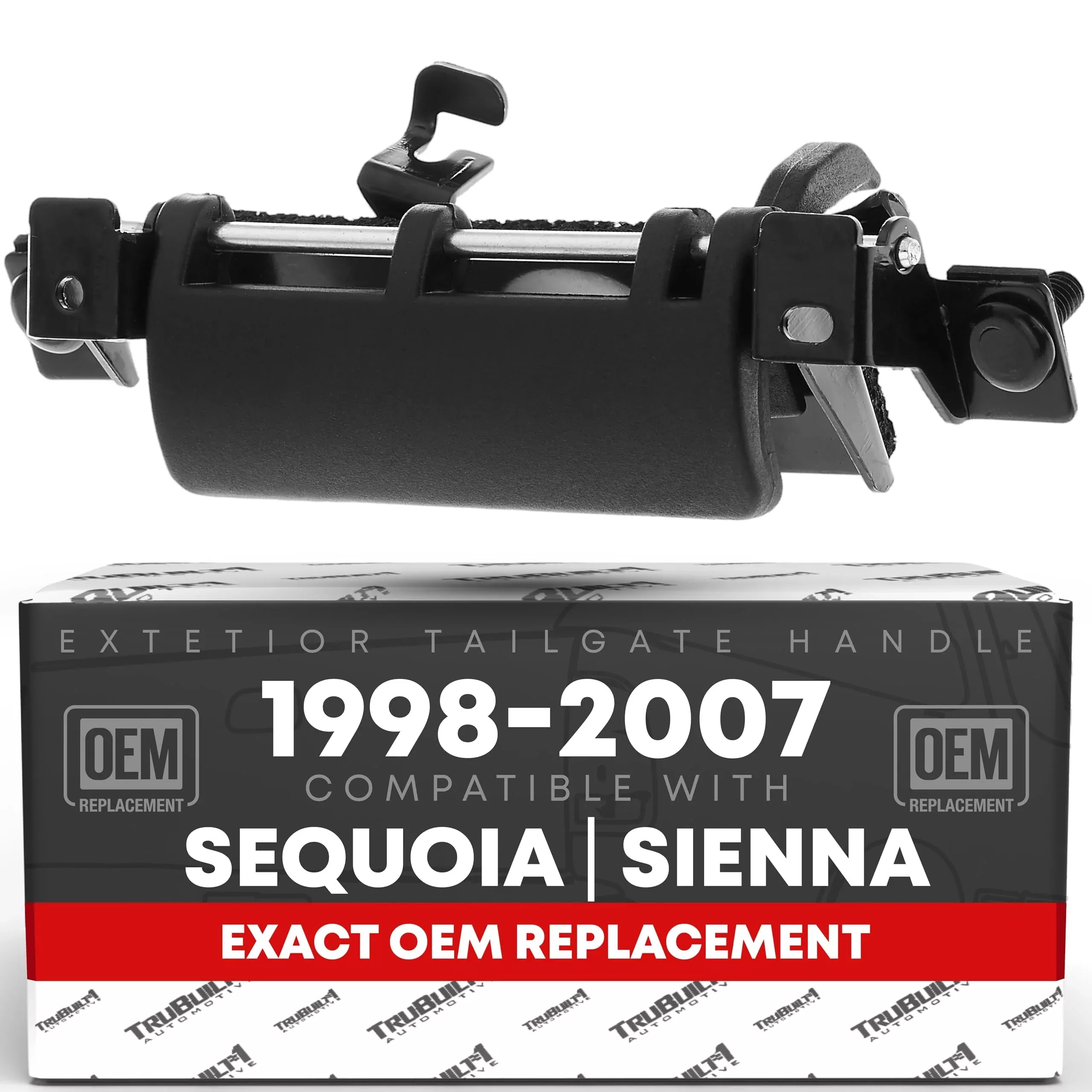 Tailgate Handle Assembly Replacement - Compatible with 2001-2007 Toyota Sequoia, 1998-2003 Sienna - Smooth Black, Plastic - OEM 69090-08010, 79600, TO1820100 - Plastic
