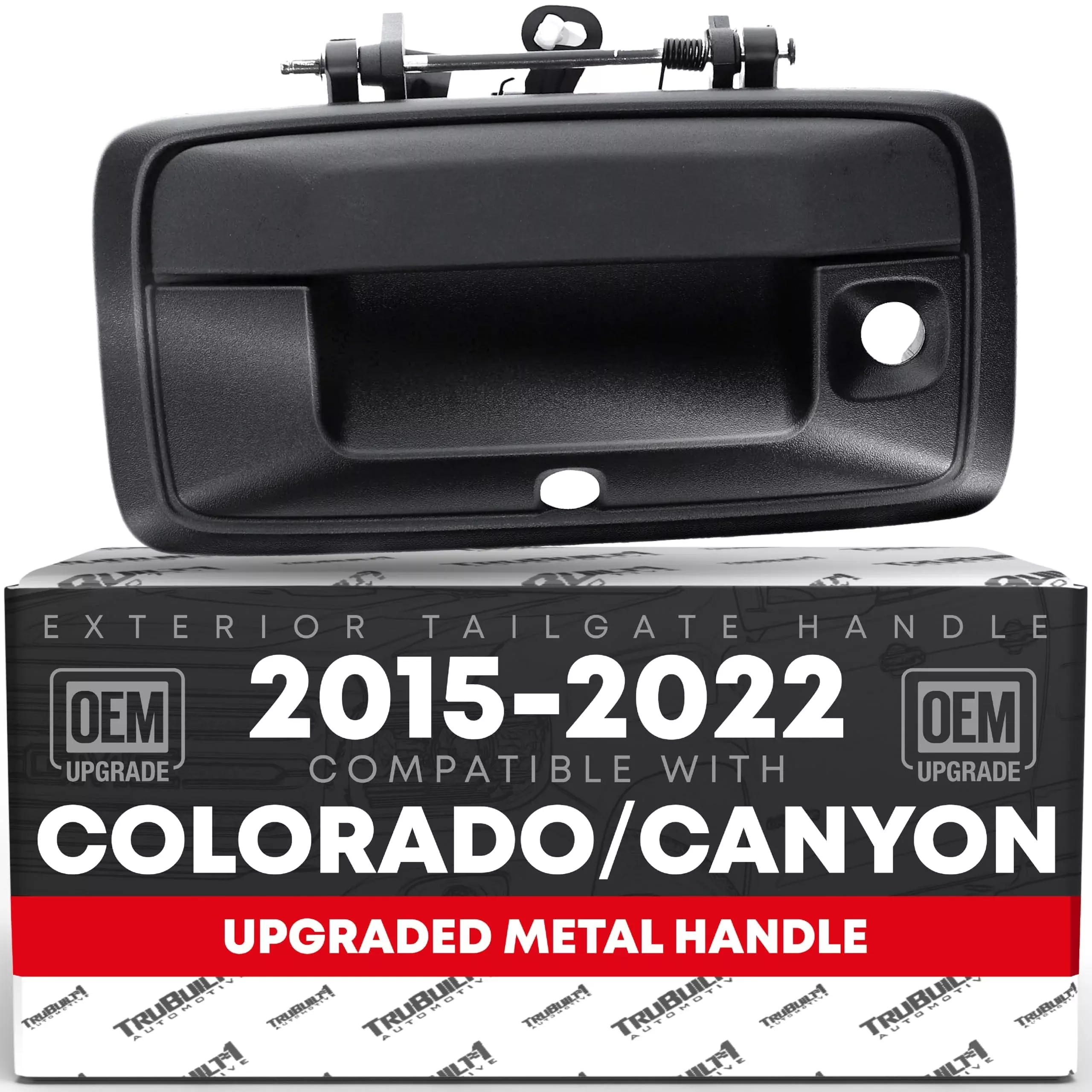 Tailgate Handle Assembly, Upgraded Metal - Compatible with 2015-2020 Chevrolet Colorado; GMC Canyon - Liftgate Latch Handle - Textured Black, w/ Keyhole, Camera Hole - OEM 84222820, 23457650, 97912 - Black Metal Tailgate