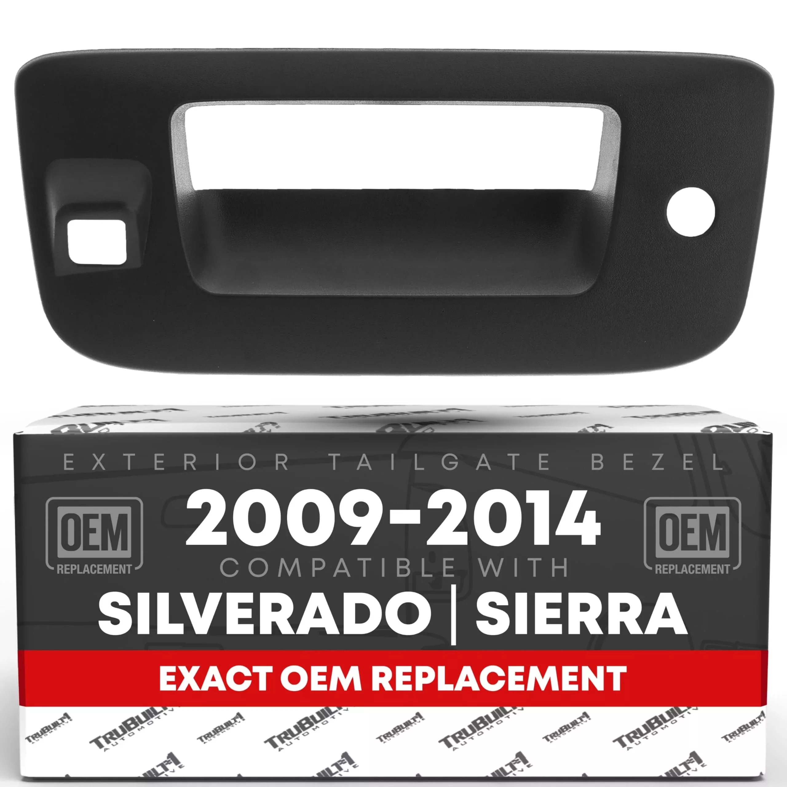 Tailgate Handle Bezel With Key Hole, Camera Hole - Compatible with 2009-2014 Cheverolet Silverado; GMC Sierra 1500 2500 3500 - Textured Black, Plastic - OEM 22755304, 82777