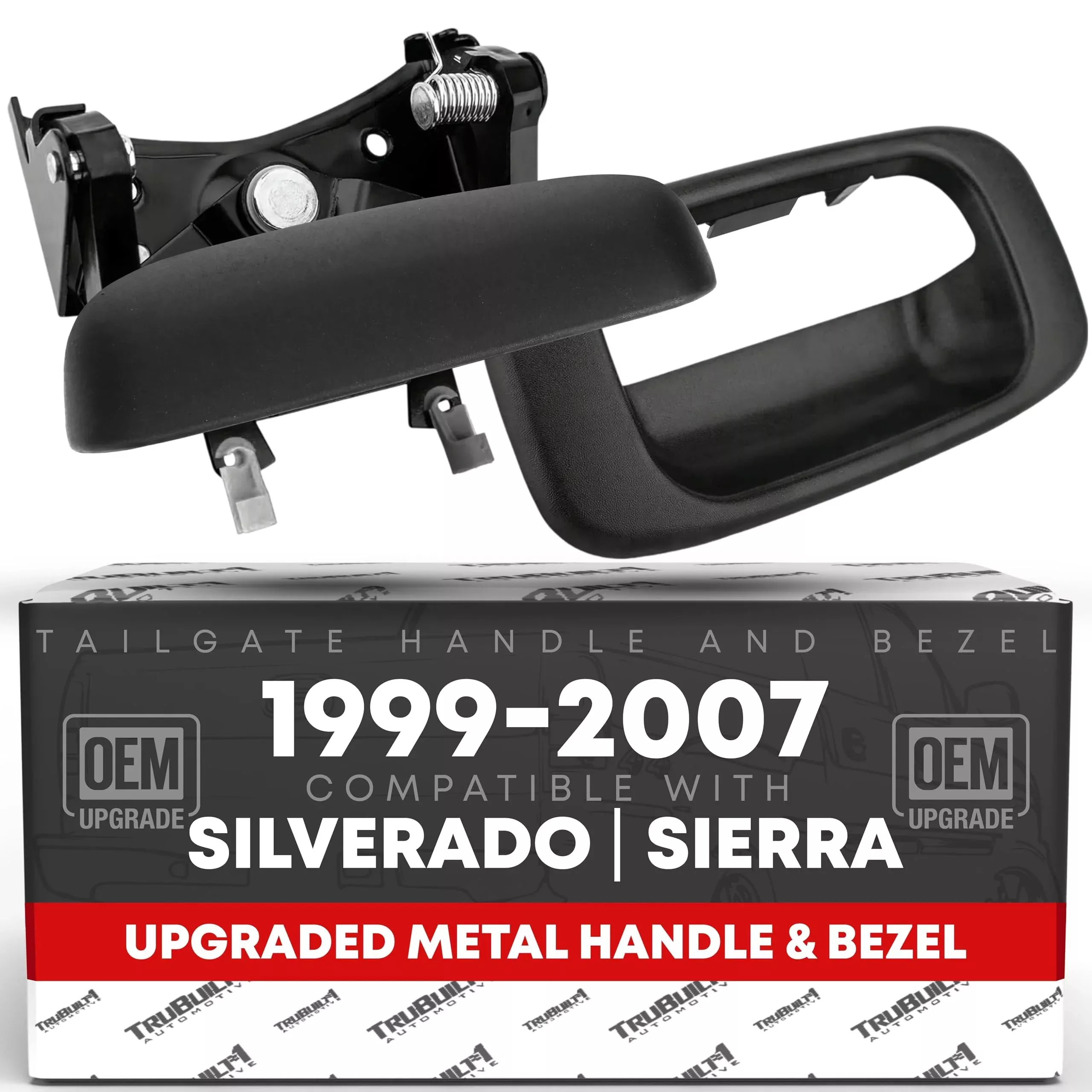 Tailgate Handle Latch w/Improved Bezel Trim with Rod Clips - Upgraded Metal Handle Compatible with 1999-2007 Chevy Silverado GMC Sierra 1500 2500 3500 - OEM 15997911, 15228539, 15228541, 15228540 - Metal Handle + Improved Bezel