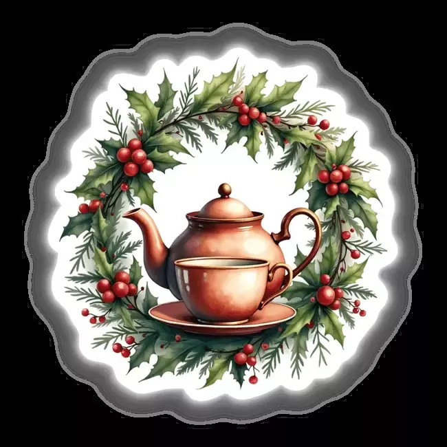 Teapot with Tea Cup in a Christmas Wreath
