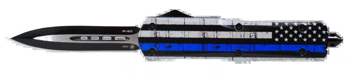 Templar Knife LBTB131 Back The Blue Gen II Large 3.50" OTF Dagger Plain Black Oxide Stonewashed 440C SS Blade/ 5.25" Black & White w/Blue Line Aluminum Handle Features Glass Breaker Includes Pocket Clip/Sheath