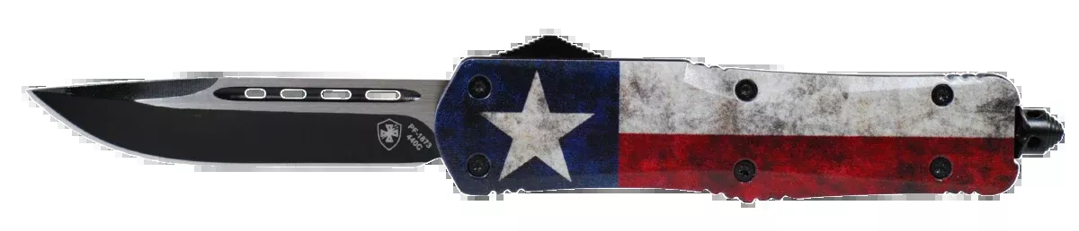 Templar Knife LCAP331 Captain Gen II Large 3.50" OTF Drop Point Plain Black Oxide Stonewashed 440C SS Blade/ 5.25" Red/White/Blue w/ Star Aluminum Handle Features Glass Breaker Includes Pocket Clip/Sheath
