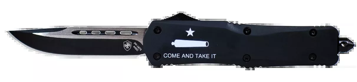 Templar Knife LCATI331 Come And Take It Gen II Large 3.50" OTF Drop Point Plain Black Oxide Stonewashed 440C SS Blade/ 5.25" Black "Come And Take It" Aluminum Handle Features Glass Breaker Includes Pocket Clip/Sheath