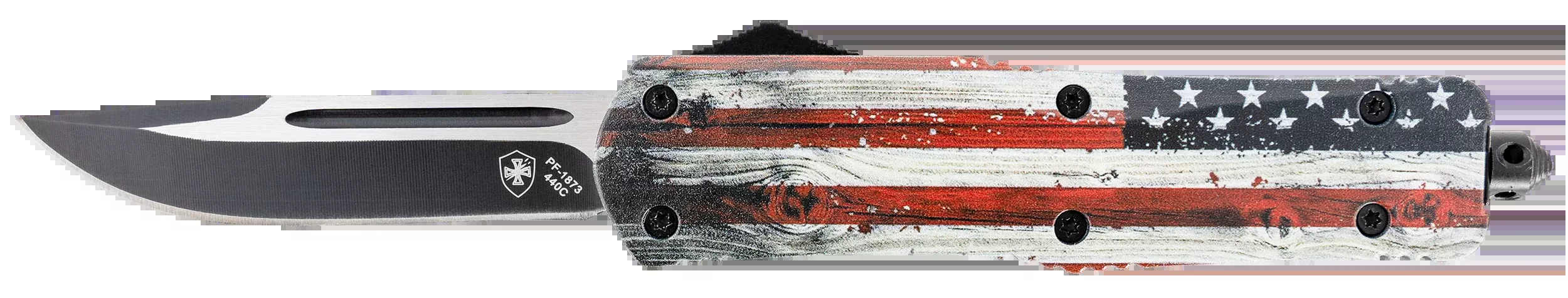 Templar Knife LWUS331 Wood US Flag Gen II Large 3.50" OTF Drop Point Plain Black Oxide Stonewashed 440C SS Blade/ 5.25" Painted Wood Grain US Flag Aluminum Handle Features Glass Breaker Includes Pocket Clip/Sheath
