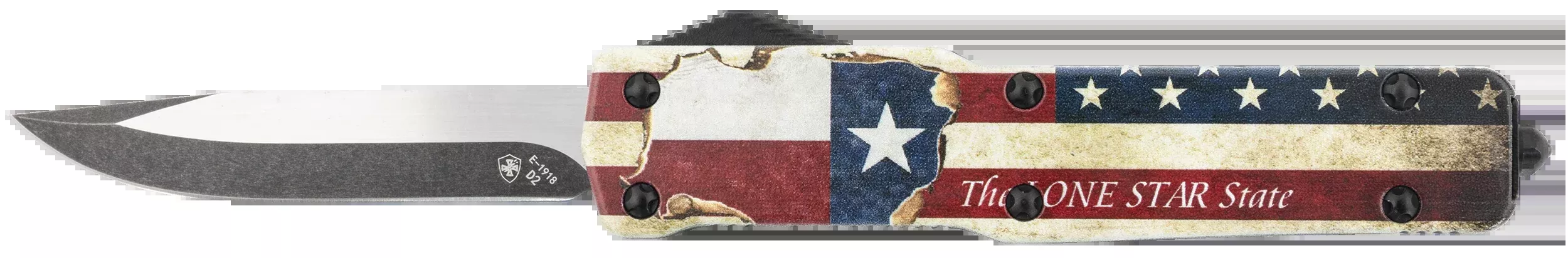 Templar Knife MZTX321 Premium Weighted Slim 3.16" OTF Drop Point Plain Black Oxide Stonewashed Powdered D2 Steel Blade/4.93" Red/White/Blue w/"The LONE STAR State" Aluminum Zinc Alloy Handle