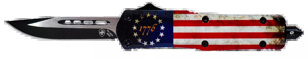 Templar Knife SBRF331 1776 Gen II Small 2.69" OTF Drop Point Plain Black Oxide Stonewashed Black 440C SS Blade/4.31" Betsy Ross Flag Aluminum Handle Features Glass Breaker Includes Pocket Clip/Sheath