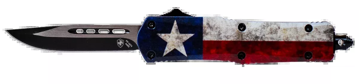 Templar Knife SCAP331 Captain Gen II Small 2.69" OTF Drop Point Plain Black Oxide Stonewashed 440C SS Blade/ 4.31" Red/White/Blue w/ Star Aluminum Handle Features Glass Breaker Includes Pocket Clip/Sheath