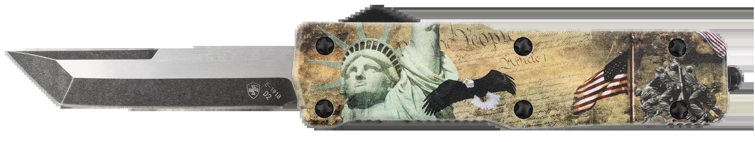 Templar Knife SZLIB221 Premium Weighted Small 3" OTF Tanto Plain Black Oxide Stonewashed Powdered D2 Steel Blade/ 4.50" Gold w/Statue of Liberty/Flag/Eagle Aluminum Zinc Alloy Handle