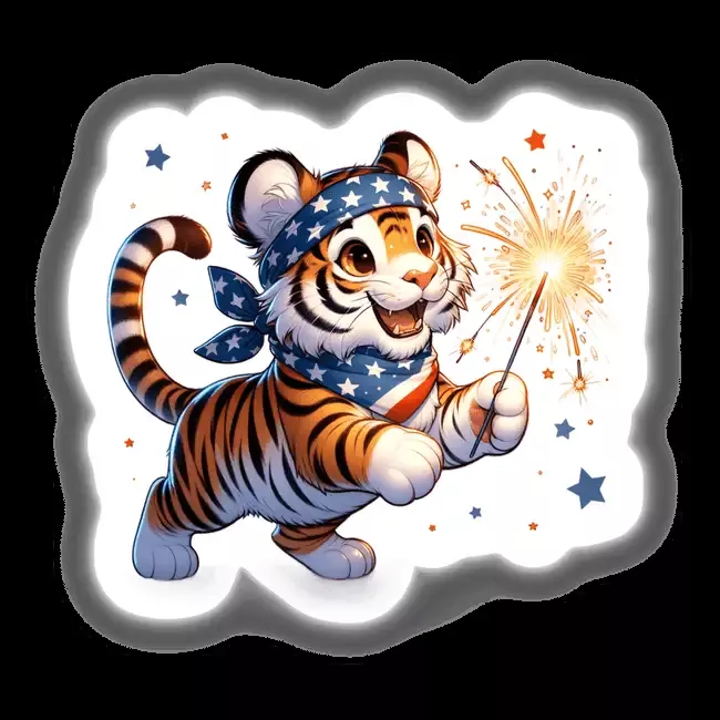 Tiger Holding Sparkler 4th of July Patriotic