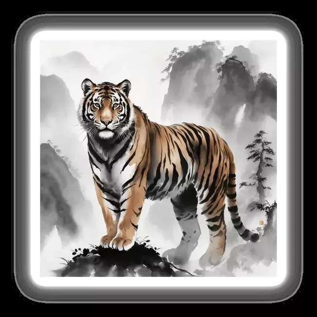 Tiger in Misty Mountains Sumi-e Ink Wash Artwork