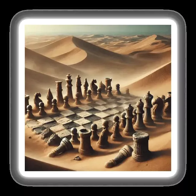 Timeless Game – Chess Pieces Frozen in Sand