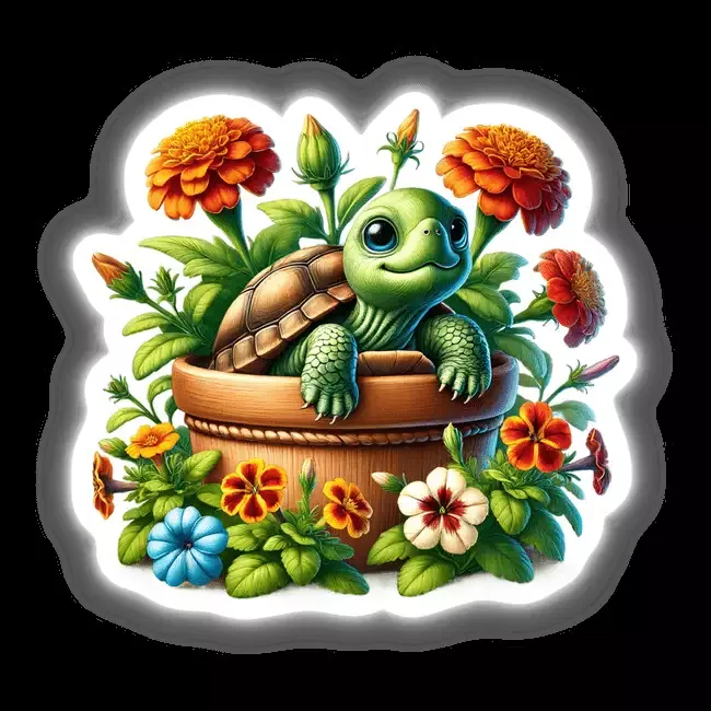 Turtle Peeking Out of Flower Pot