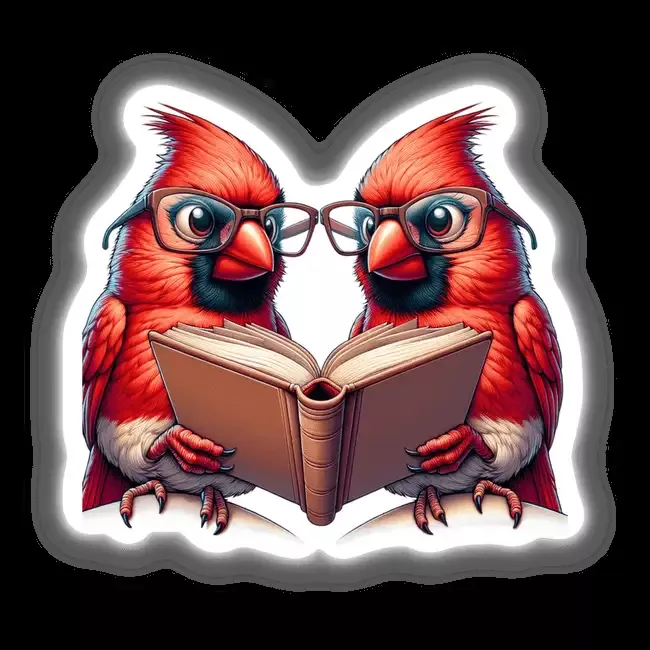 Two Cardinal Birds in Reading Glasses Open Book