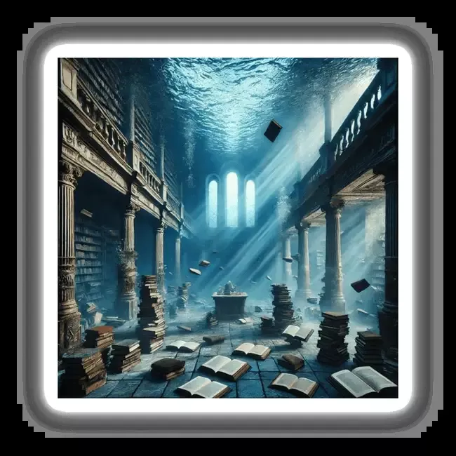 Underwater Library – Submerged Books in a Flooded Room