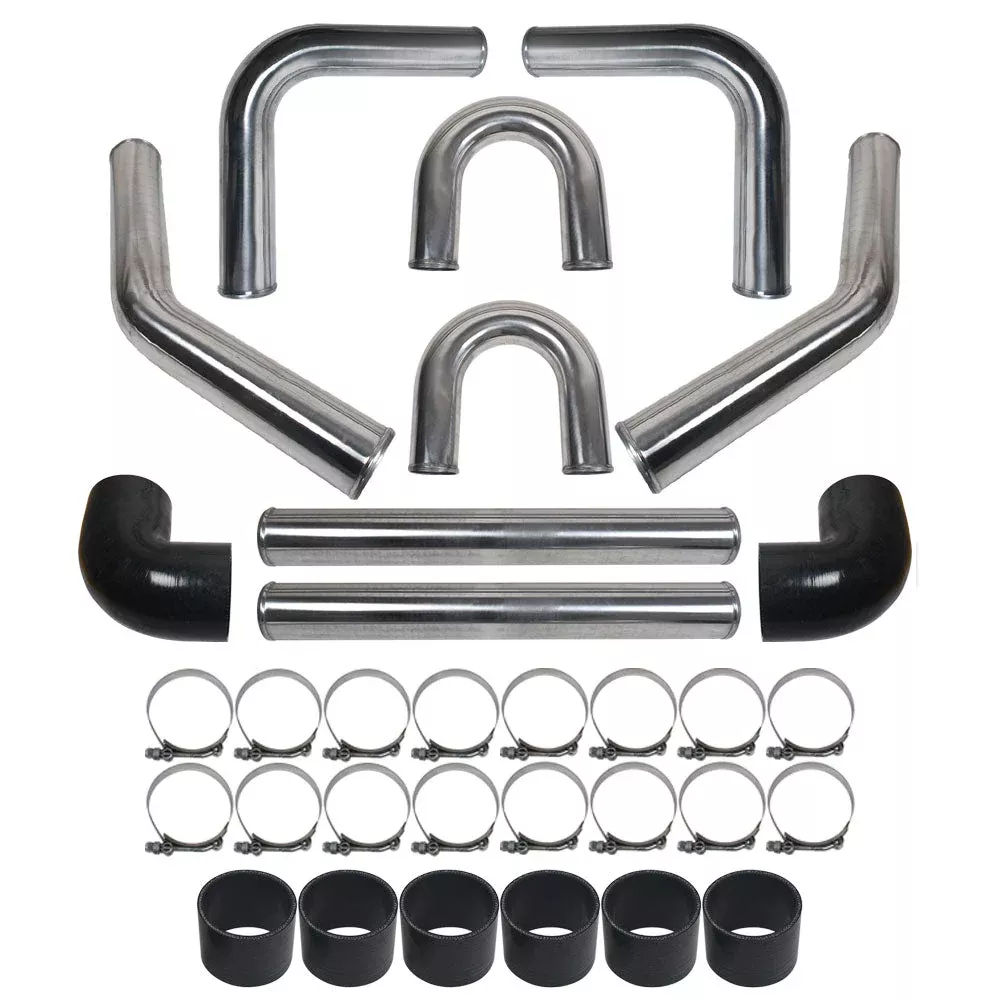 Universal 3" Aluminum Intercooler Piping U-Pipe Kit + Coupler Black + T-Clamps