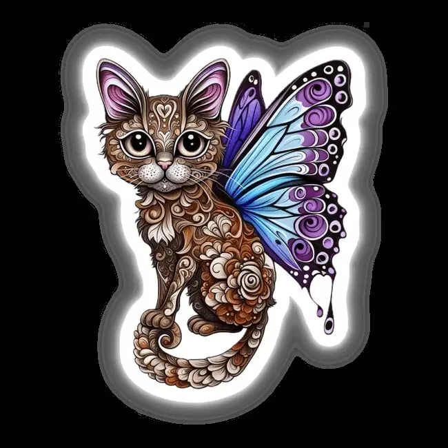 Whimsical Cat with Intricate Butterfly Wings and Decorative Patterns