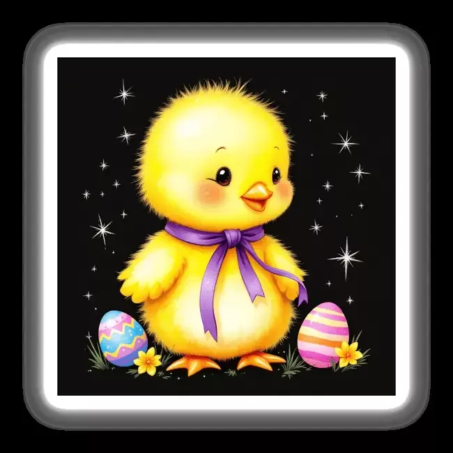 Yellow Baby Chick with Purple Ribbon and Easter Eggs