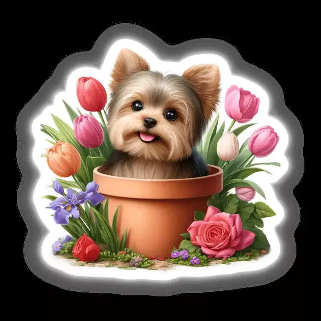 Yorkie Dog Peeking Out of Flower Pot