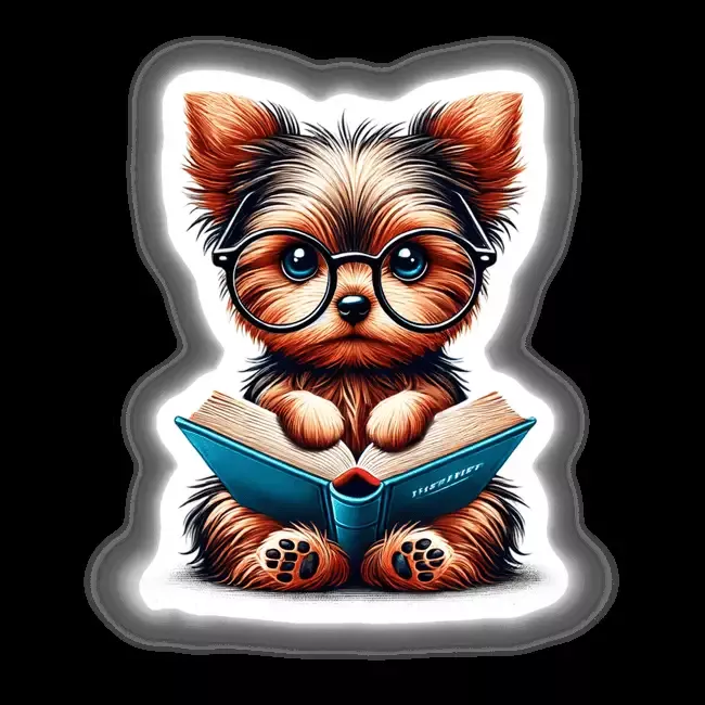 Yorkie Dog With Reading Glasses Open Book